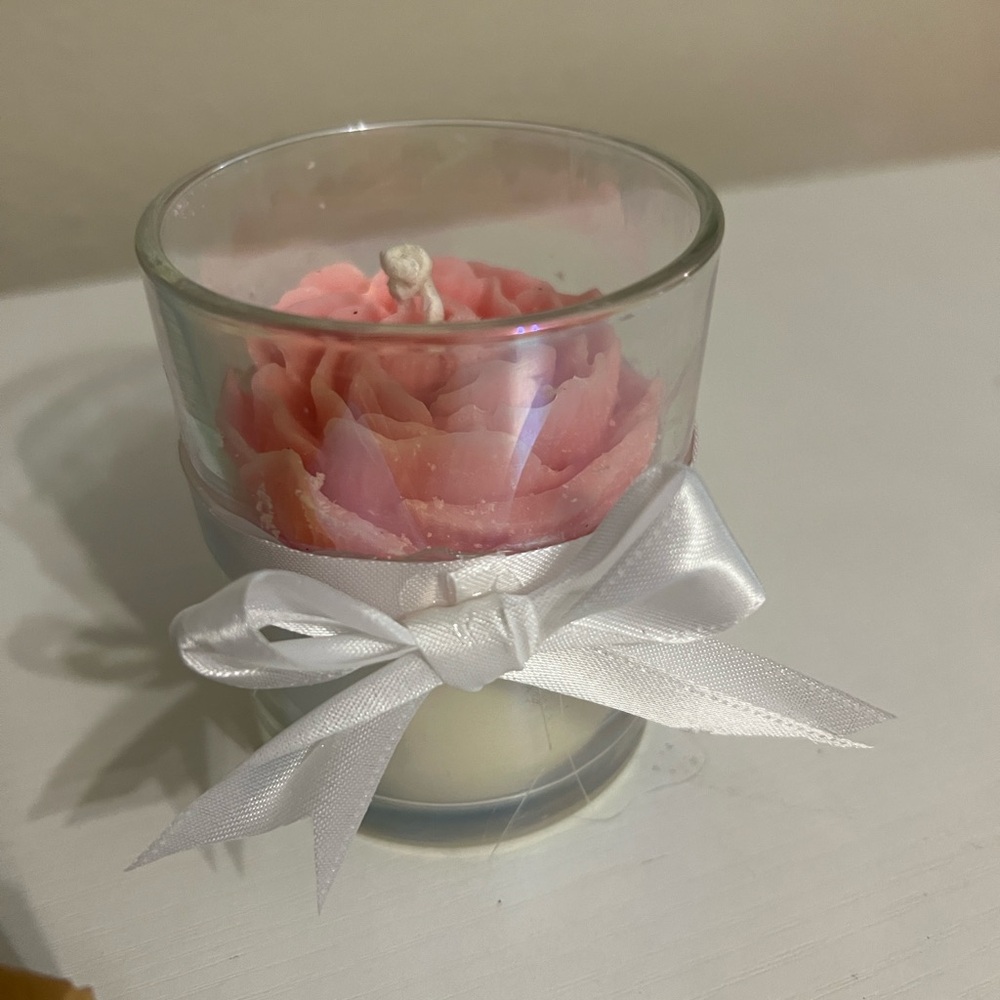 Pink Rose Candle with White Ribbon